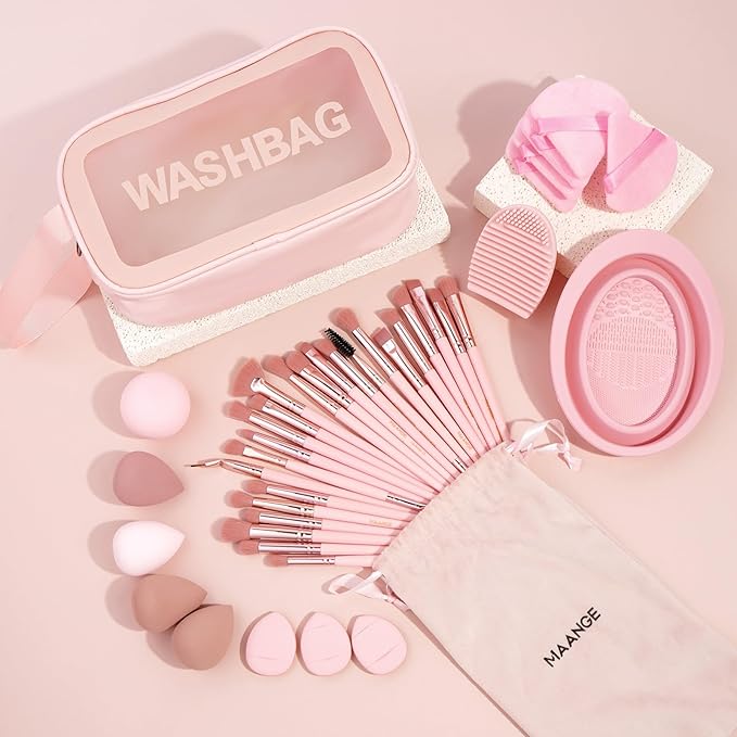 MAANGE Eye Makeup Brushes, 41 Pcs Premium Synthetic Precision Makeup Brush Set Contour Blush Eyeshadow Eyeliner Blending Make Up Brush Kit (Pink, 41 Piece Set)