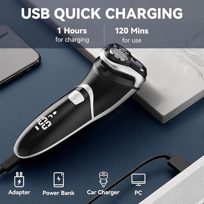 MAX-T Men's Electric Shaver - Corded and Cordless Rechargeable 3D Rotary Shaver Razor for Men with Pop-up Sideburn Trimmer Wet and Dry Painless 100-240V Black (Metal Black)