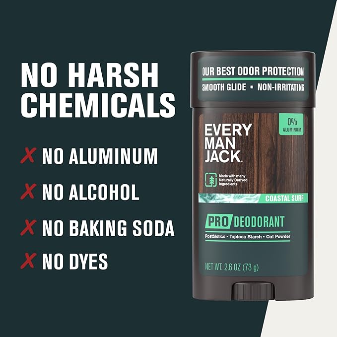 Every Man Jack Men's Pro Deodorant - 48-Hour Odor Defense Blend - Aluminum Free - Contains Postbiotics, Tapioca Starch & Oat Powder - Coastal Surf Scent - 2.6 oz - 1 Pack