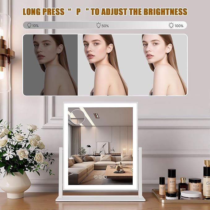 Vanity Mirror with Lights 14.5"x16.5", LED Makeup Mirror, 3 Color Lighting Modes, 10X Magnification, Smart Touch Control, Dimmable, Aluminum Metal Frame, Lighted Up for Vanity Desk (White)