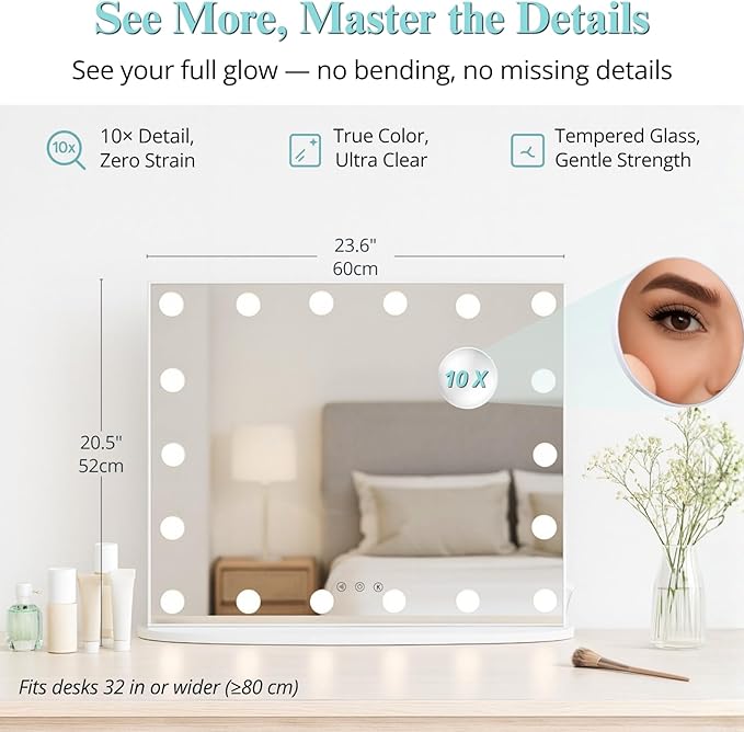 LUXFURNI Vanity Mirror with Lights, 23.6" x 20.5" Hollywood Mirror, Light Up Makeup Mirror with 18 LED Bulbs for Bedroom Desk, 3 Color Lighting Modes, Tabletop & Wall Mount, USB Charging Port
