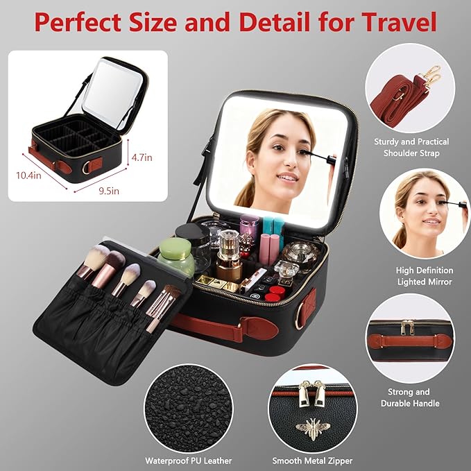 GIUWESOY Travel Makeup Bag with Light Up Mirror, Portable Makeup Bag with Led Light Women Waterproof Makeup Travel Case adjustable dividers Rechargeable Vanity Mirror with 3 Color Lights (Black)