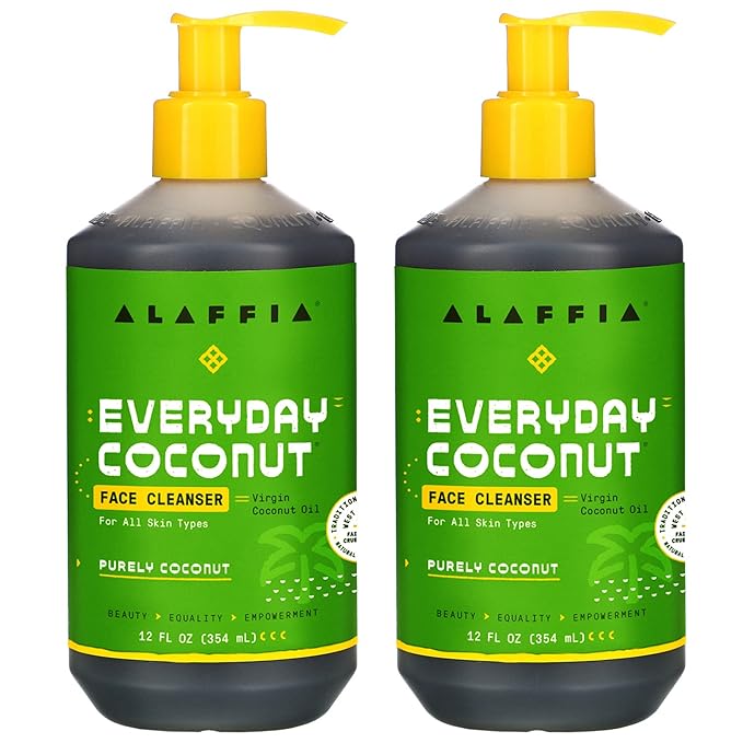 Alaffia Everyday Coconut Face Cleanser for All Skin Types. Leaves Skin Fresh and Hydrated with Fair Trade Coconut Oil & Neem, Vegan, Cruelty Free, No Parabens, Purely Coconut, 2 Pack - 12 Fl Oz Ea