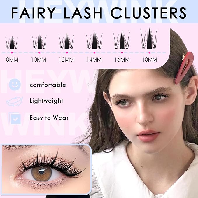 Fairy Lash Clusters Kit Manga Lash Clusters 8-18mm DIY Eyelash Extensions Kit Wet-Look Spiky Anime Individual Eyelashes Clusters with 0.05mm Ultra-Thin Invisible Lash Band by HEYWINK