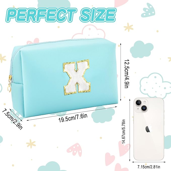 URSKYTOUS Gifts for Girls Initial Makeup Bag Personalized Cosmetic Bag with Zipper Cute Travel Toiletry Bag Waterproof PU Preppy Makeup Pouch Birthday Gift for Teen Girls Women(Blue X)