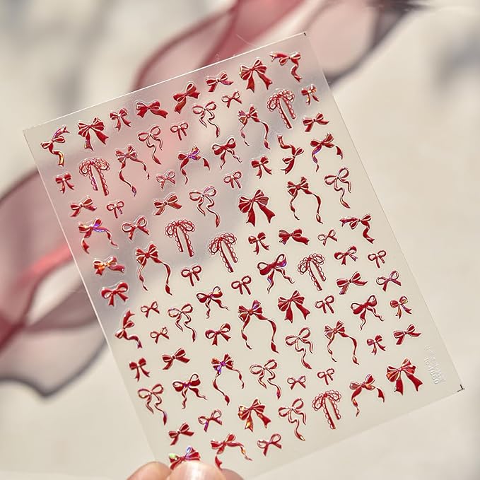 Valentine Bow Nail Art Stickers Bow Nail Decals 3D Self-Adhesive Bows Nail Design Sticker Valentines Manicure Decals Decoration Accessories for Women Holiday DIY Supplies