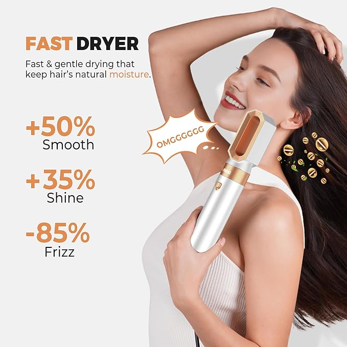 6 in ONE Blow Dryer Brush, Curling Wand Hair Styling Tools Set, Ionic Hot Air Hair Dryer, Massage Oval Hair Dryer, Left&Right Hair Curlers 100-120V (White)