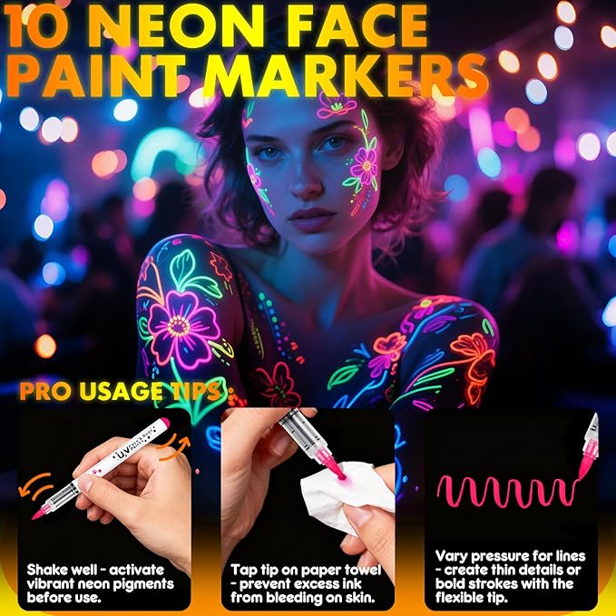 nsxsu Glow in The Dark Face Paint Markers 10 Color, Neon Body Paint Pens for Skin Fluorescent Under Black Light, Washable UV Temporary Tattoo for Birthday Glow Party Supplies Makeup Valentine Gifts