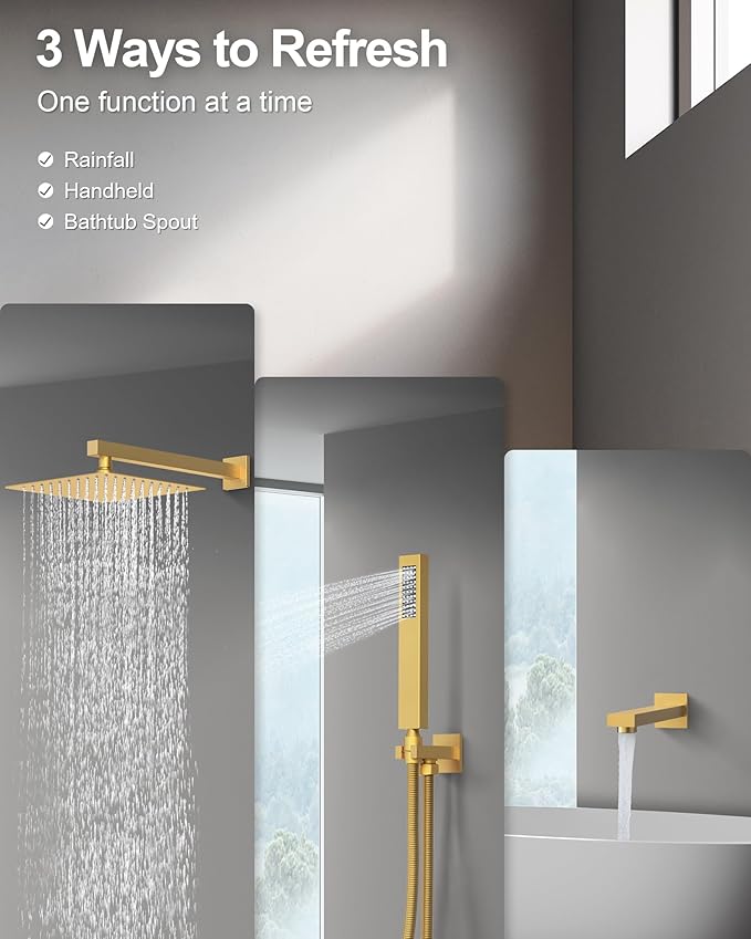 GRANDJOY 10" Shower Faucet Set with Tub Spount, High Pressure Rainfall Shower Head and Handheld Sprayer Combo, Bathroom Tub Shower Faucet Set, Brushed Gold