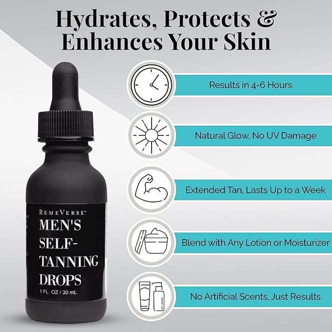 RemeVerse Men’s Self-Tanning Drops - Achieve Natural-Looking Even Skin Tone with Customizable Sunless Tanner for Men - Post-Shave Skin Protection - Ideal for All Skin Types and Tones - 1 oz