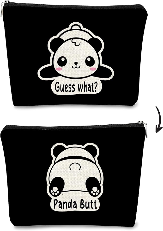 BARPERY Cute Baby Panda Makeup Bag, Guess What It's Pug Butt Cosmetic Case for Teen Girls & Women, Panda Accessory (Black)