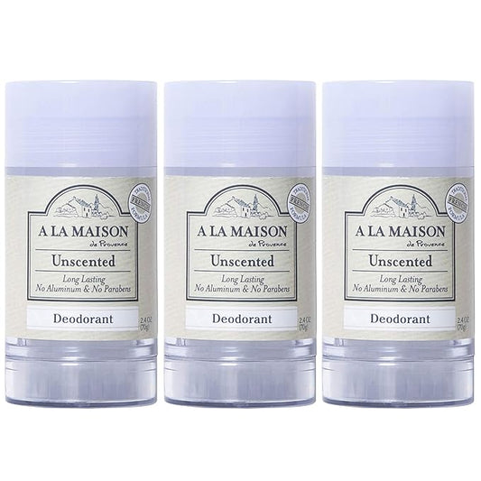 A La Maison de Provence Natural Aluminum-Free Deodorant | Unscented | Traditional French Milled Formula | Long Lasting Safe and Effective | Free of SLS, Parabens and Sulfates (3 Pack)