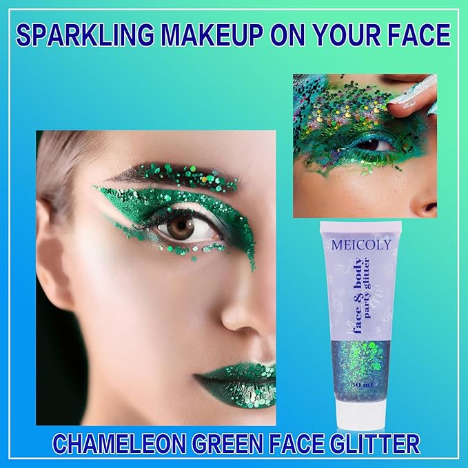 MEICOLY Chameleon Green Face Body Glitter,Holographic Self-Adhesive Face Glitter,Color Changing Mermaid Face Glitter,Halloween Glitter Face Paint for Face Body Hair,St Patricks Day Accessories
