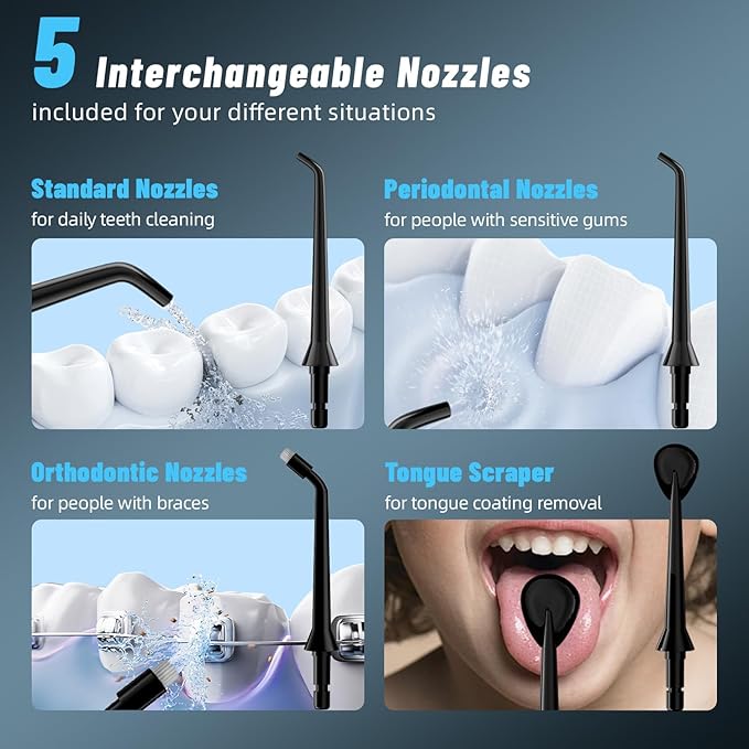 Water Dental Flosser Teeth Pick: Portable Cordless Oral Irrigator 320ML Rechargeable Travel Irrigation Cleaner IPX7 Waterproof Electric Flossing Machine for Teeth Cleaning (Black)