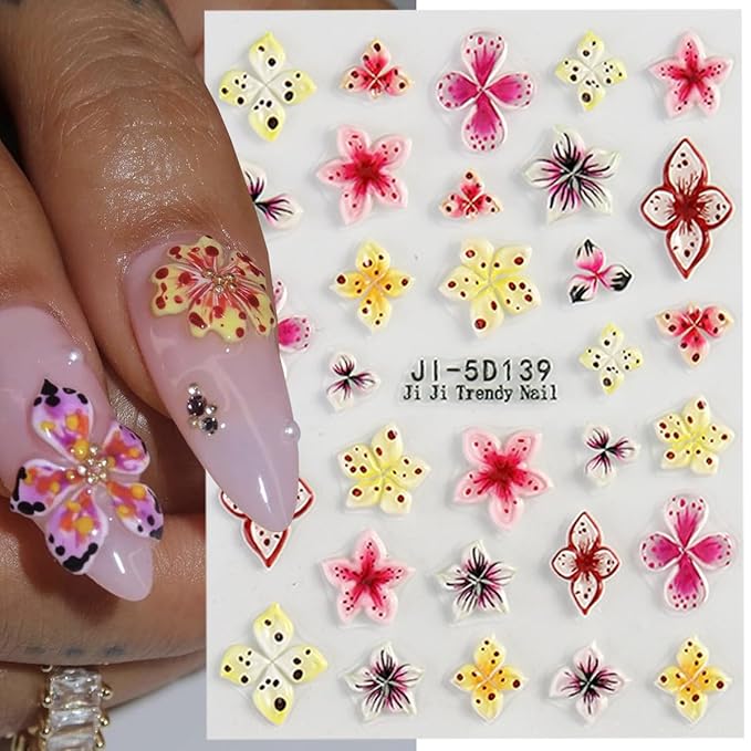 4 Sheet Flower Nail Art Stickers 5D Embossed Nail Decals Spring Nail Flower Stickers Colorful Floral Nail Art Design Gold 3D Self-Adhesive Acrylic Nails Art Supplies for Women Girls