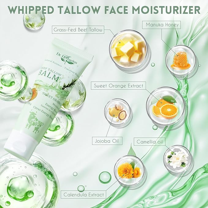 Beef Tallow for Skin —3 In 1 Travel Size Organic Tallow Face Moisturizer, Hand Lotion & Body Cream, Suitable for Dry & Wrinkled Skincare, 100% Natural, Deep Hydration, Sweet Orange, 2*1Oz.