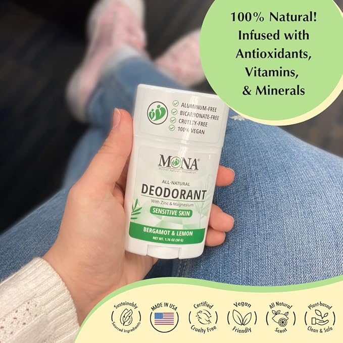 MONA BRANDS All Natural Deodorant For Women & Men | For Sensitive Skin | No Aluminum or Baking Soda | (BERGAMOT LEMON 1.76 Oz)