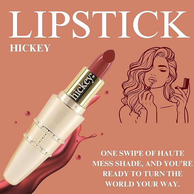 Hickey Lipstick Set, Haute Mess (Terracotta), Refillable Silver Case with Chain, Satin Pouch & Ribbon (Wearable Necklace), Long Lasting Hydrating Velvet Finish Lipstick for Women - Vegan & Gluten-Free