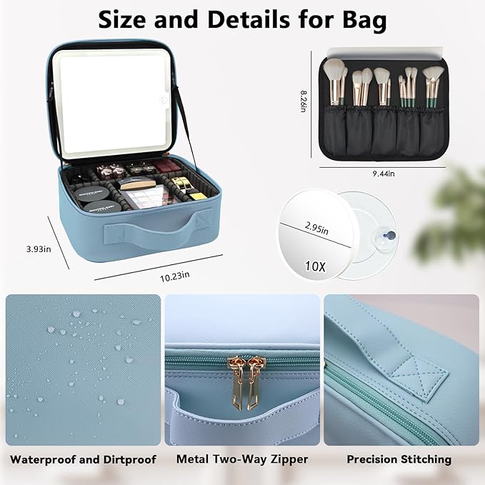 SLUMAZI Travel Makeup Bag with LED Mirror and 10x magnifying glass with 3 Lighted Settings, Adjustable Dividers and Makeup Brush Storage Bag Light Blue