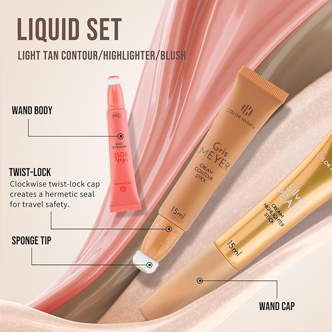 Color Nymph Liquid Makeup Wand Combo, Hydrating Light Tan Contour Glow Liquid Highlighter Pigmented Blush For Cheeks Fine Texture Natural Blend Long Lasting (Light Tan Contour+Blush+Highlighter)