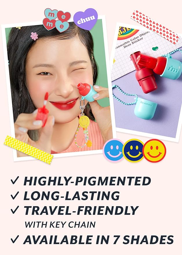 I'M MEME Color Key Ring Water Gel Lip Tint - 07 Pink Attack | Long Lasting Lip Gloss, Hydrating Glossy Finish, Kbeauty, Cute Korean Makeup, Compact, Portable Keychain, Travel-Friendly, Gift, 0.09 Oz