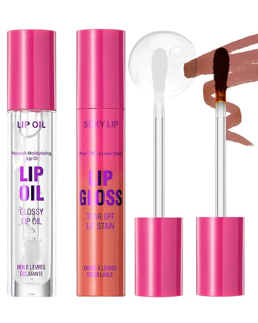 Red Brown Peel off Lip Stain Oil Set,Matte Long Lasting Waterproof Lip Liner Stain Tattoo Peel off,Nourish Non-Sticky Glossy Clear Lipgloss,Natural High Pigmented,Transfer-Proof Lip Combo for Women-04