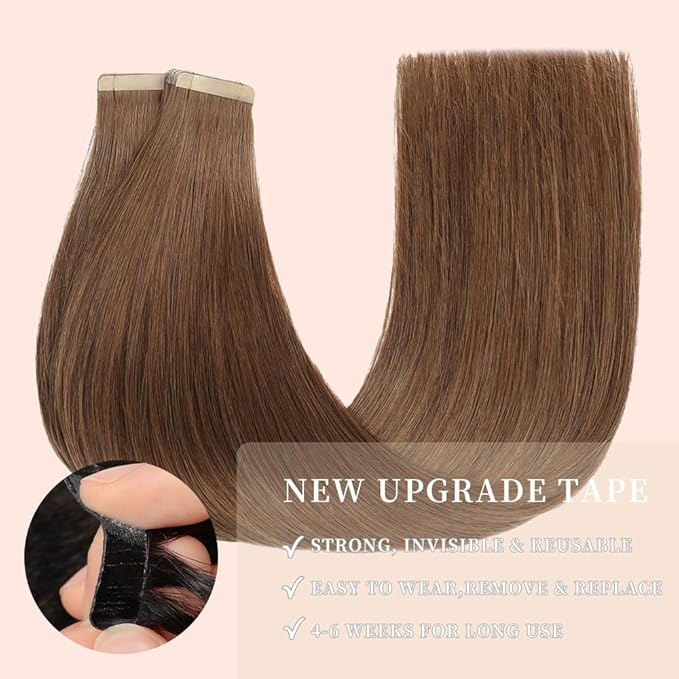 Tape in Hair Extensions Human Hair 20pcs 14 Inches Tape Ins hair extensions for White Women Invisible Seamless Tape In Extensions Skin Weft Medium Brown (6#)