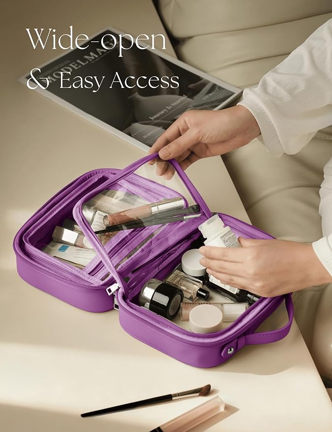 Oaque Clear Cosmetic Bag Double Layer Travel Toiletry Bag Clear Makeup Bag Case with 4 Compartments, Transparent Travel Bag for Toiletries, Large Toiletry Bag for Women Cosmetic Case (Purple, Small)