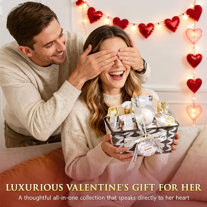 Birthday Gifts for Women, Vanilla Coconut Relaxing Spa Gift Baskets for Women Self Care Package Bath Gift Set, Home Bath and Body Kit Pamper Valentines Day Gifts for Her Womens Mom Friends Sister Wife