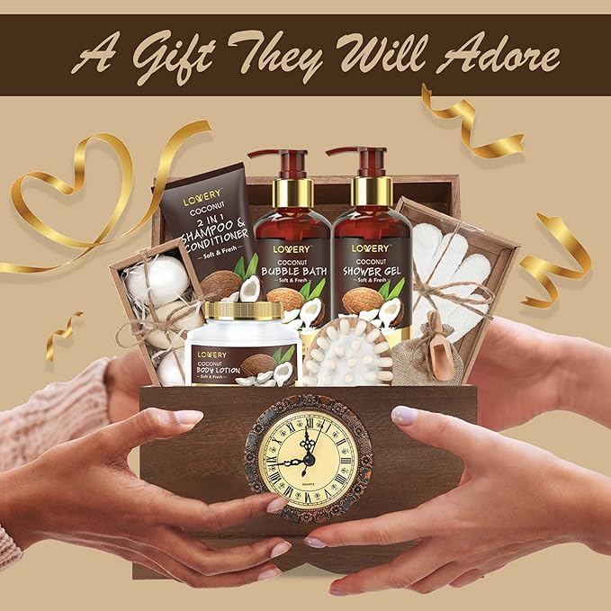 Mens Gift, Bath Set in a Vintage Style Wooden Clock Box, 13Pc Premium Coconut Spa Kit for Men & Women, Body Lotion, Handmade Soap, Bath Bomb, Coconut Shampoo & Conditioner, Massager & More
