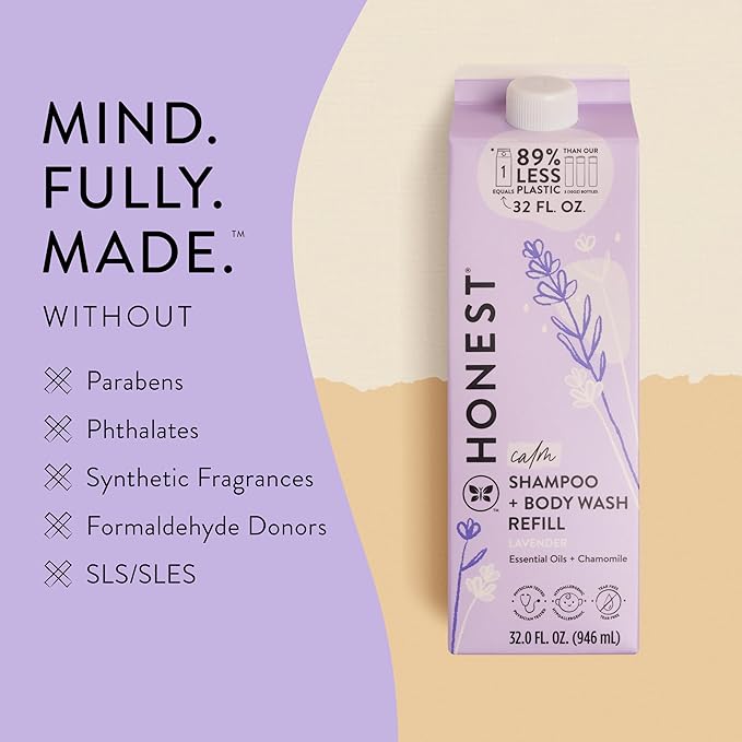 The Honest Company 2-in-1 Cleansing Shampoo Body Wash Refill Carton Gentle for Baby, Naturally Derived, Tear-free, Hypoallergenic, Lavender Calm, 32 fl oz