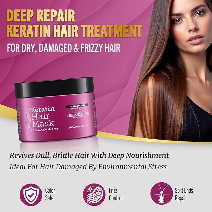 Jenoris Keratin Hair Mask for Dry, Damaged & Frizzy Hair – Deep Conditioning Treatment with Natural Omega 3-6-9 Complex & Pistachio Oil, Salon-Professional, Paraben & SLS Free, 8.45 Fl Oz