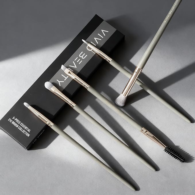 Small Makeup Brush Set 5pcs, Eye Makeup Brushes for Eyeshadow, Eyeliner & Eyebrow – Tiny Makeup Brush with Blending, Concealer, Detail & Dual-Ended Brow Spoolie, Wooden Handle, Eye Brush Kit (Grey)
