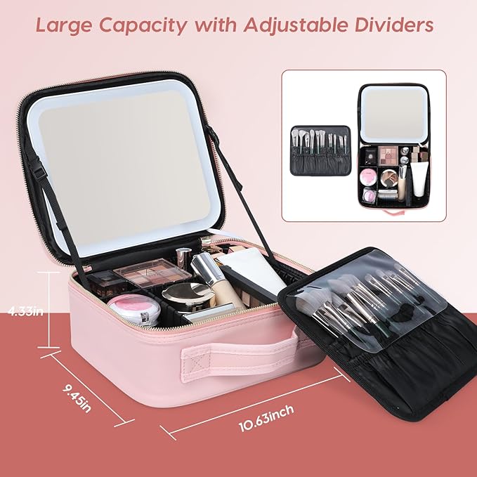 Gdsshuhung Makeup Bag with Mirror | Partitionable Professional Makeup Organizer | Large Travel Makeup Bag for Women | Cosmetic Case for Daily & On-the-Go Use (Pink)