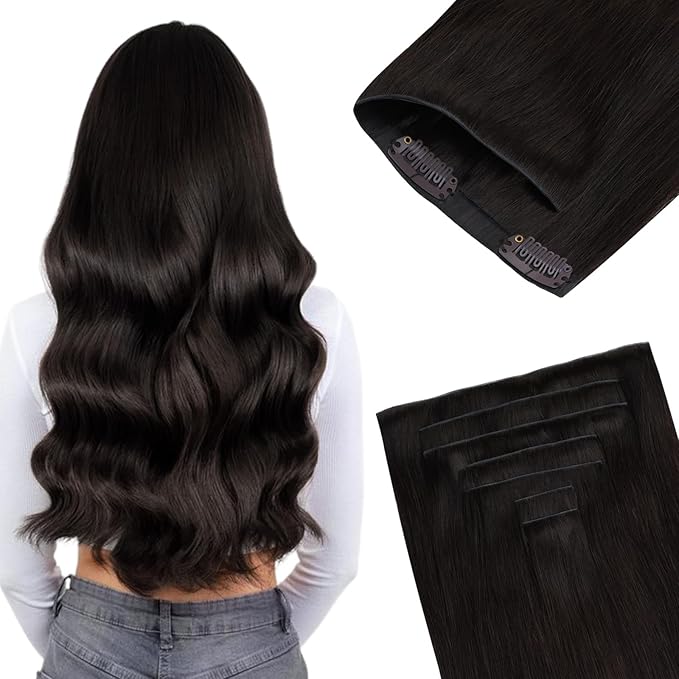 GOO GOO Invisi Edge Clip in Hair Extensions 16inch 130g 7Pcs Injected Seamless PU Clip in Hair Extensions, Virgin Real Human Hair, 2 Dark Brown