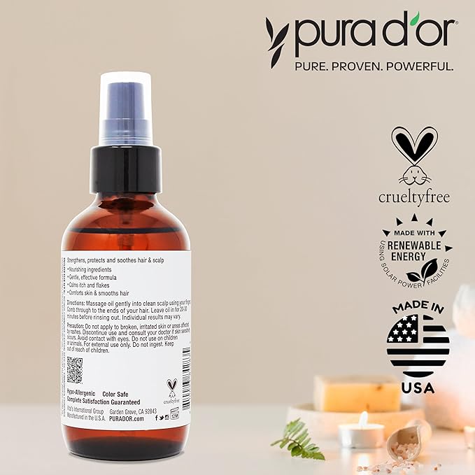 PURA D'OR 3.3 Oz Scalp & Hair Strengthening Oil - Supports Optimal Growth, Reduce Breakage, Nourish Roots for Healthier, Fuller, Thicker Hair - Rosemary, Castor & Peppermint Oil for Stronger Strands | Reduce Breakage, Nourish Roots, Healthier, Fuller, ...