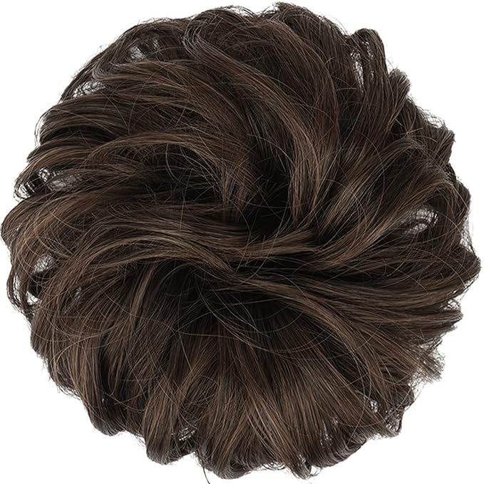 FESHFEN Messy Bun Hair Piece - Wavy Synthetic Chignon Scrunchies for Instant Volume, Elastic Bun Ponytail Hair Extensions Thick Hairpieces for Women, Dark Brown & Light Auburn Mixed 1.50 oz