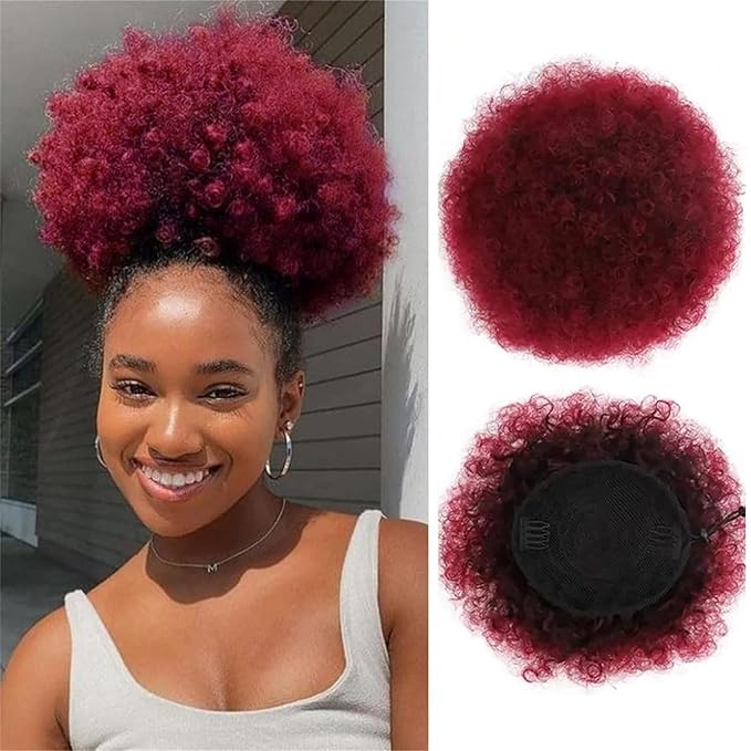 Afro Puff Ponytail Extension Wigs for Black Woman, 99J Burgundy 100% Human Hair 8 Inch Afro Puff Curly Kinky Drawstring Ponytail Bun Short Hair Extensions Clip On Ponytail Bun Hairpieces Updo Wigs
