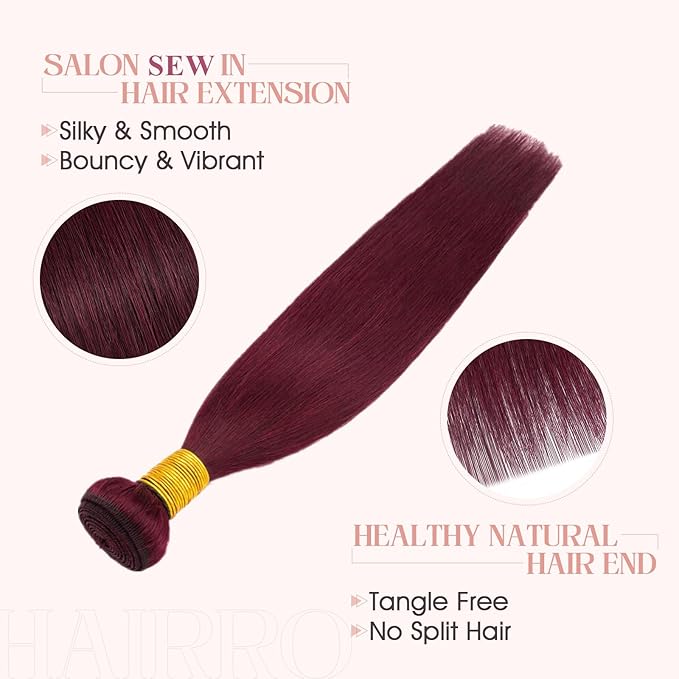 Hairro Sew in Hair Extensions Real Human Hair, 100g/bundle Weave Weft for Women Adding Volume and Length, for DIY Beauty Dating Party, 20 Inch One Bundle Straight #99J Wine Red