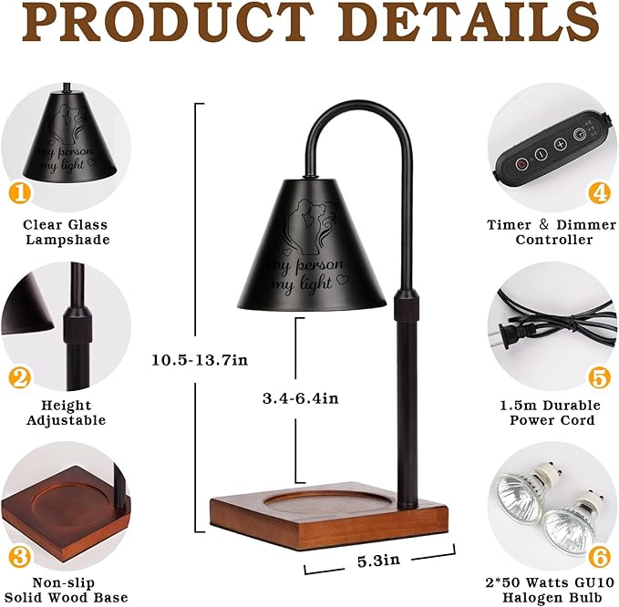 Candle Warmer Lamp with Timer Dimmable, Valentines Day Gifts for Him Her Couple, Anniversary, Adiustable Height Modern Candle Warmer Black Candle Lamp, Personalized Gifts for Husband, Wife