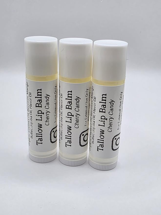 Tallow Lip Balm (Cherry Candy) Handmade Grass Fed Beef Tallow Lip Balm with Nourishing Oils (3 Pack)