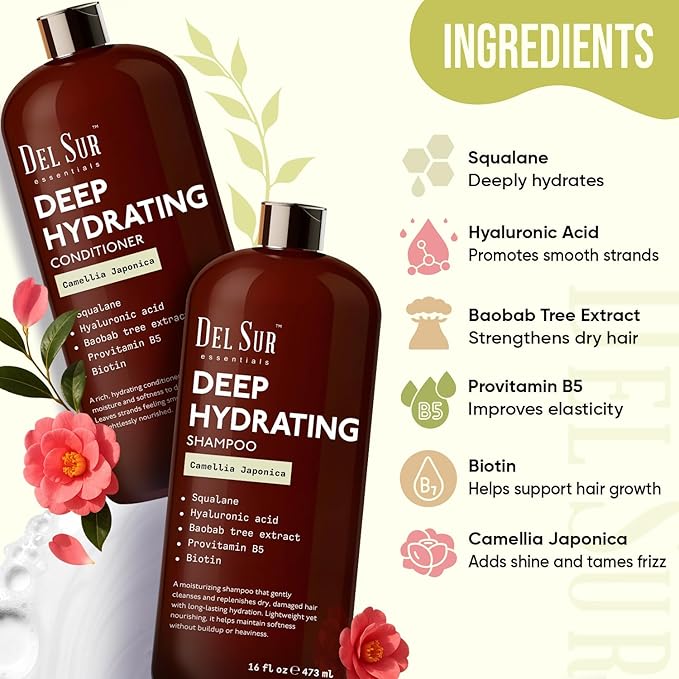 DEL SUR Hydrating Shampoo and Conditioner Set | 16 fl oz Each | with Camellia Japonica, Squalane, Hyaluronic Acid, Baobab Extract & Biotin | Deep Moisture for Dry, Damaged Hair