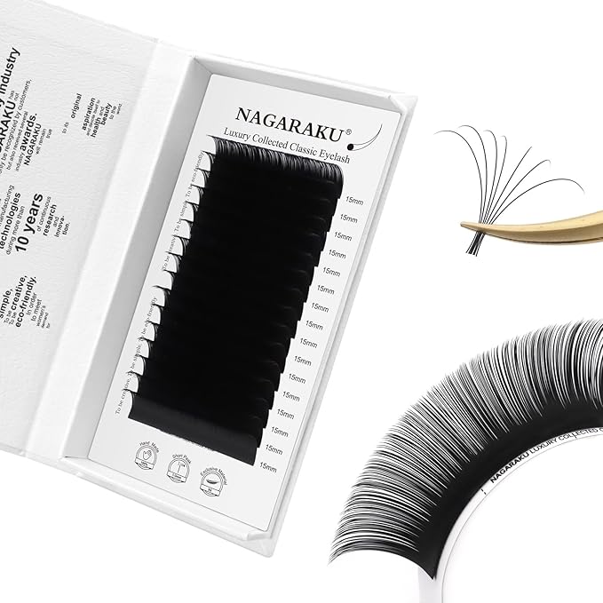 NAGARAKU Individual Eyelash Extensions, Luxury Collected Classic Single Lashes Upgraded 3rd Generation Soft Natural Beauty Salon Professional Lash Supplies 16 Rows Matte Black -0.10 C Curl 15mm