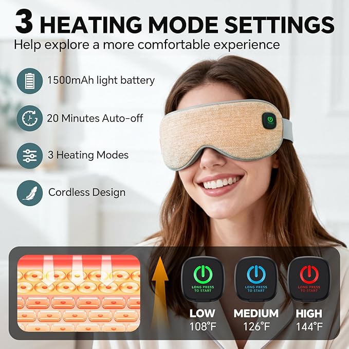 Cordless Heated Eye Mask for Dry Eyes Relief, with 3 Heat Settings, Washable Eye Cover, Warm Heating Pad for Stye Eye Treatment & Travel Use