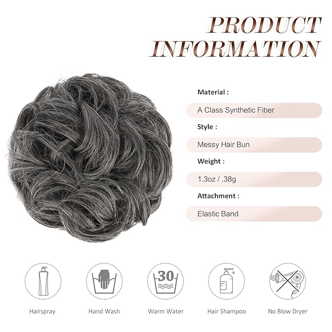 FESHFEN Messy Bun Hair Piece - Wavy Synthetic Chignon Scrunchies for Instant Volume, Elastic Bun Ponytail Hair Extensions Thick Hairpieces for Women, Dark Salt and Pepper 1.50 oz