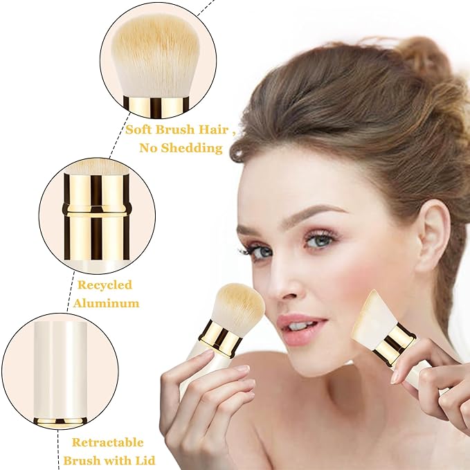 Keriloo Makeup Brush, Retractable 2 Pack Travel Kabuki Powder Makeup Brush, Foundation Face Blush Brushes for Blending Liquid, Blush, Bronzer, Buffing, Sunscreen,Flawless Cosmetics