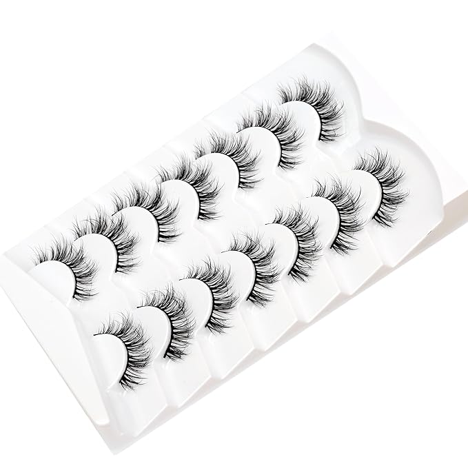 Pooplunch False Eyelash Nude Makeup Round-Eye Wispy Clusters Look Short Natural Spiky Anime Extension Lashes Full Strips Faux Mink Fake Eyelashes 7 Pairs Pack