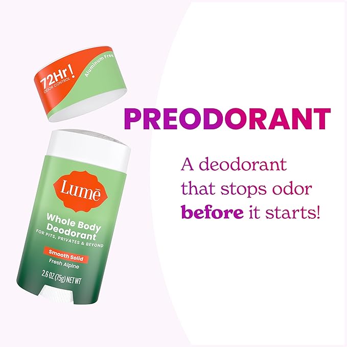 Lume Whole Body Deodorant - Smooth Solid Stick - 72 Hour Odor Control - Doctor Developed - Aluminum Free, Baking Soda Free and Skin Loving - 2.6 Ounce (Pack of 2) (Fresh Alpine)