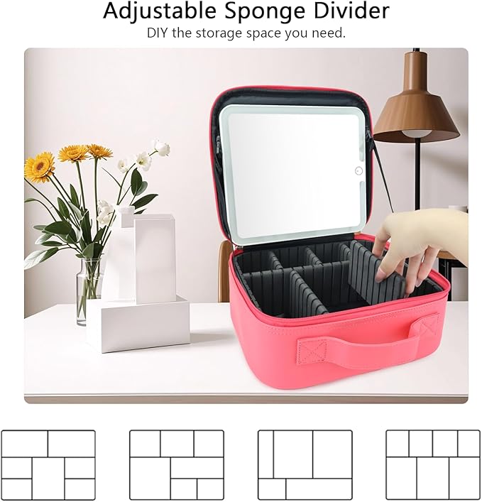 SLUMAZI Travel Makeup Bag with LED Mirror Travel Makeup Organizer with 3 Lighted Settings, Adjustable Dividers and Makeup Brush Storage Bag Light Red
