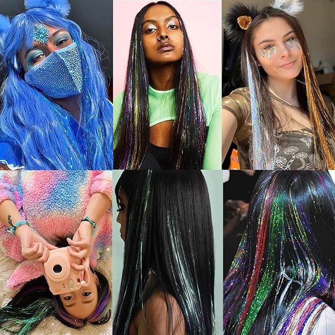 47" Holographic Hair Tinsel Shining Gold Professional Sparkle Heat-Resistant Silk Extensions,Hair Accessories for Girls, Party Hair, Gifts for Girls (6PCs Clip in Hair Tinsel Kit, Shining Silver)